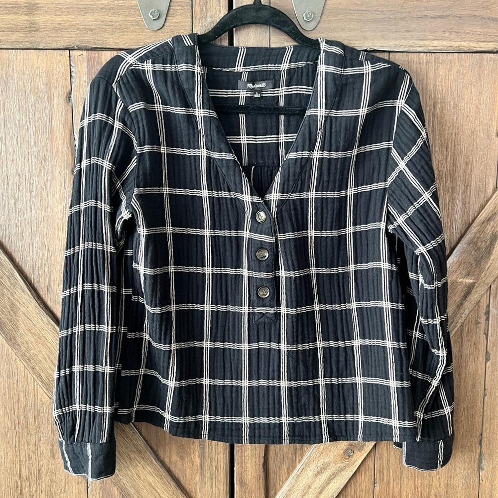 Madewell Lightspun Evert Pullover Top in Windowpane Plaid True Black Size Small - Picture 5 of 9
